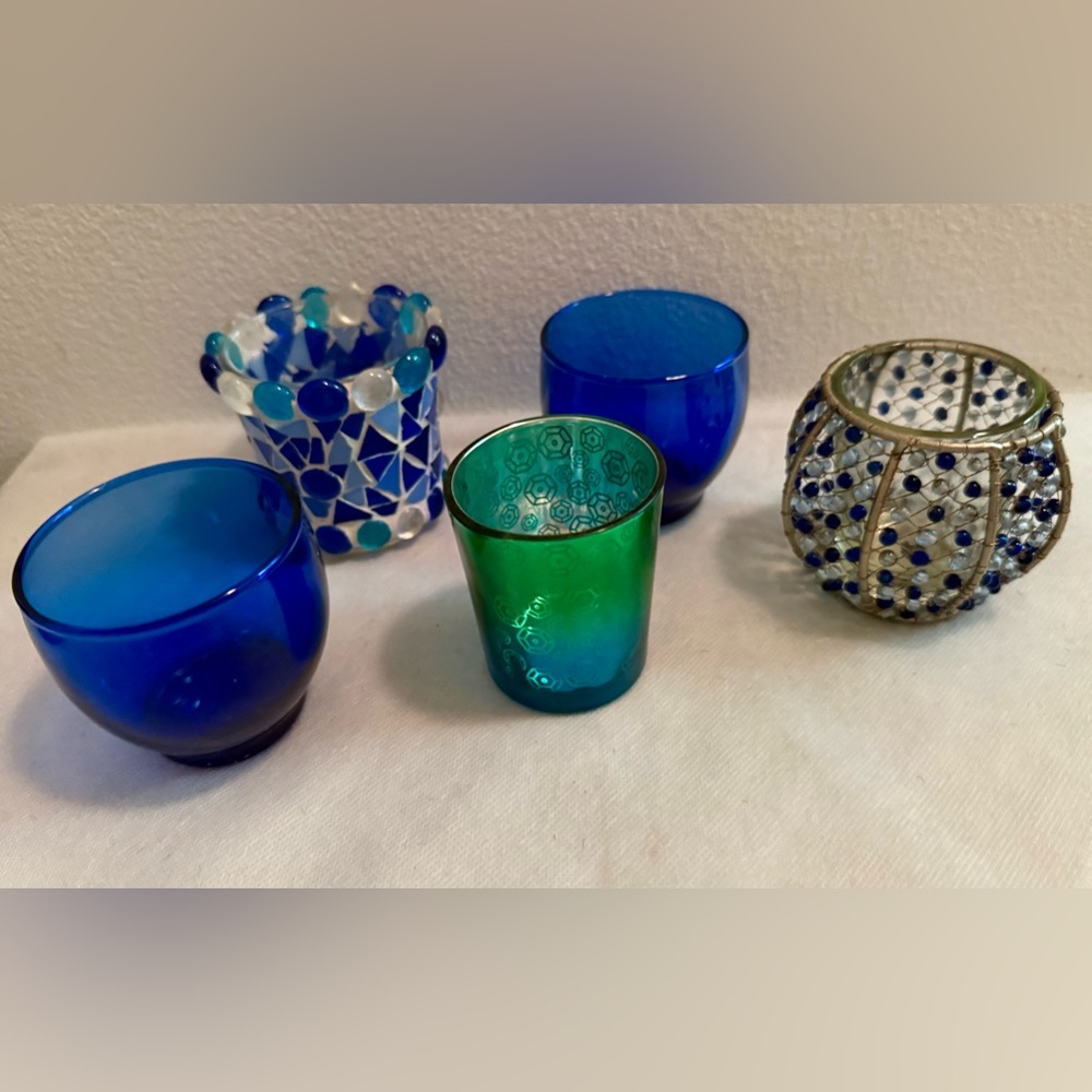 5 Votive holders. Blue/Green colors